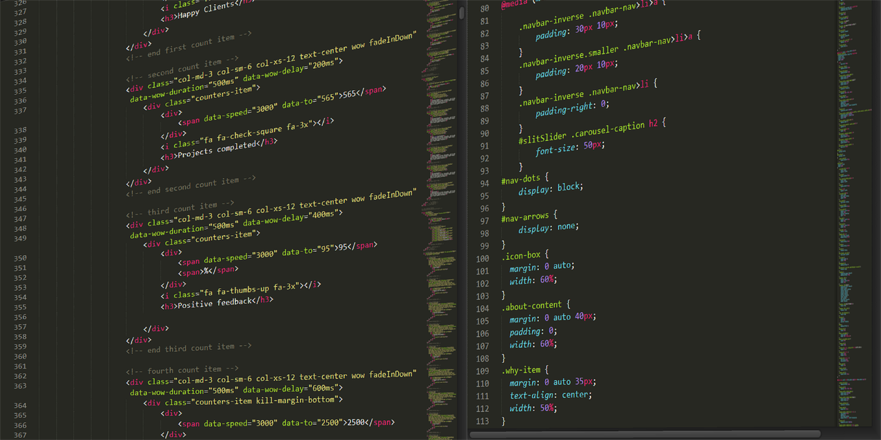 who-we-are Close-up of highlighted HTML and CSS code on a dark screen, suitable for tech themes.